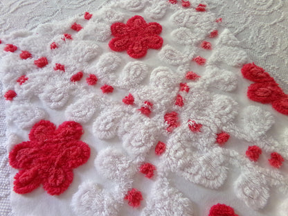 Sweet & Shabby Red Flowers Vintage Chenille Fabric, 16" x 20" Inch Piece, Frosty White Plush Swirls, Fun in Festive Crafts