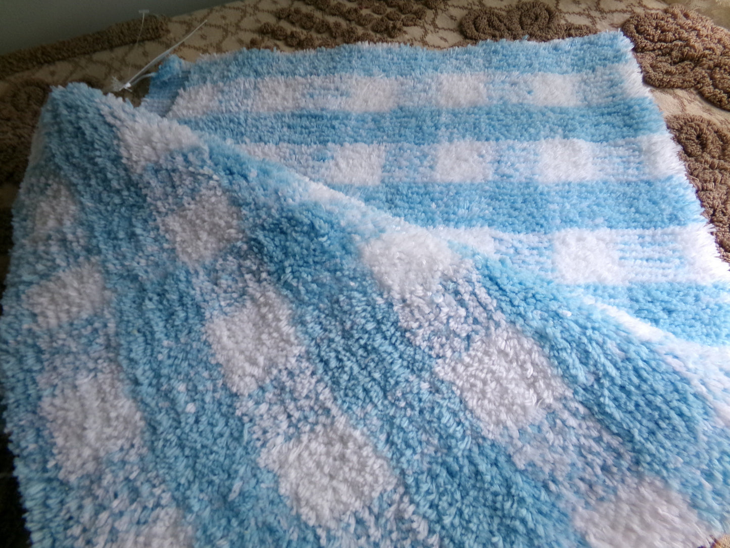 Cuddly Vintage Chenille Fabric in Cozy Blue & White Gingham Country Plaid, 18" x 24" inch Piece, Soft Plush Cotton Blend