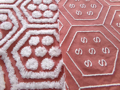 Hippie Hexagon Reversible Vintage Chenille Fabric, Sewing Quilting Material in Boho Style Terracotta & White, 22.5" x 30" inch Piece