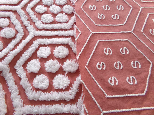 Hippie Hexagon Reversible Vintage Chenille Fabric, Sewing Quilting Material in Boho Style Terracotta & White, 22.5" x 30" inch Piece
