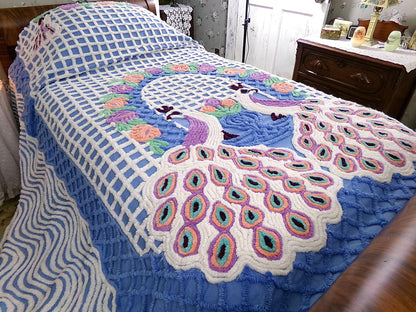 peacock vintage chenille bedspread, lovebirds under a sky blue flower garden trellis, luxury midcentury full size bedding
