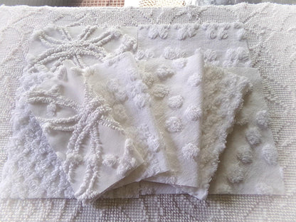 farmhouse style white chenille fabric squares, 7.5" vintage quilt blocks, set of 8 for sewing, crafts & quilting