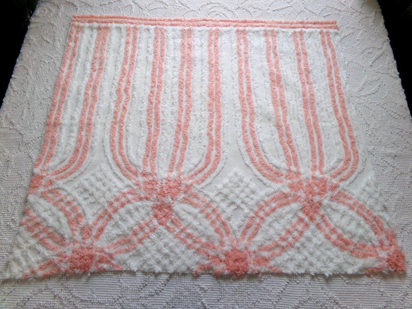 vintage chenille fabric in peachy white geometric design, 22" x 24" piece of lightweight cotton sewing & quilt material