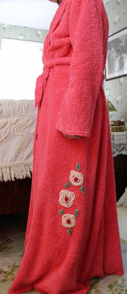 Gorgeous Vintage Style Chenille Robe, Deep Rose Fan Motif Old Hollywood Style Women's Bathrobe, Flattering Fit & Flare Silhouette, S/M