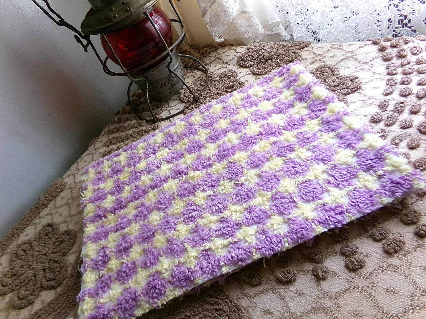 Happy Yellow & Purple Plaid Vintage Chenille Quilt Fabric, 25" x 21" inch Piece, 100% Soft Cotton Blend