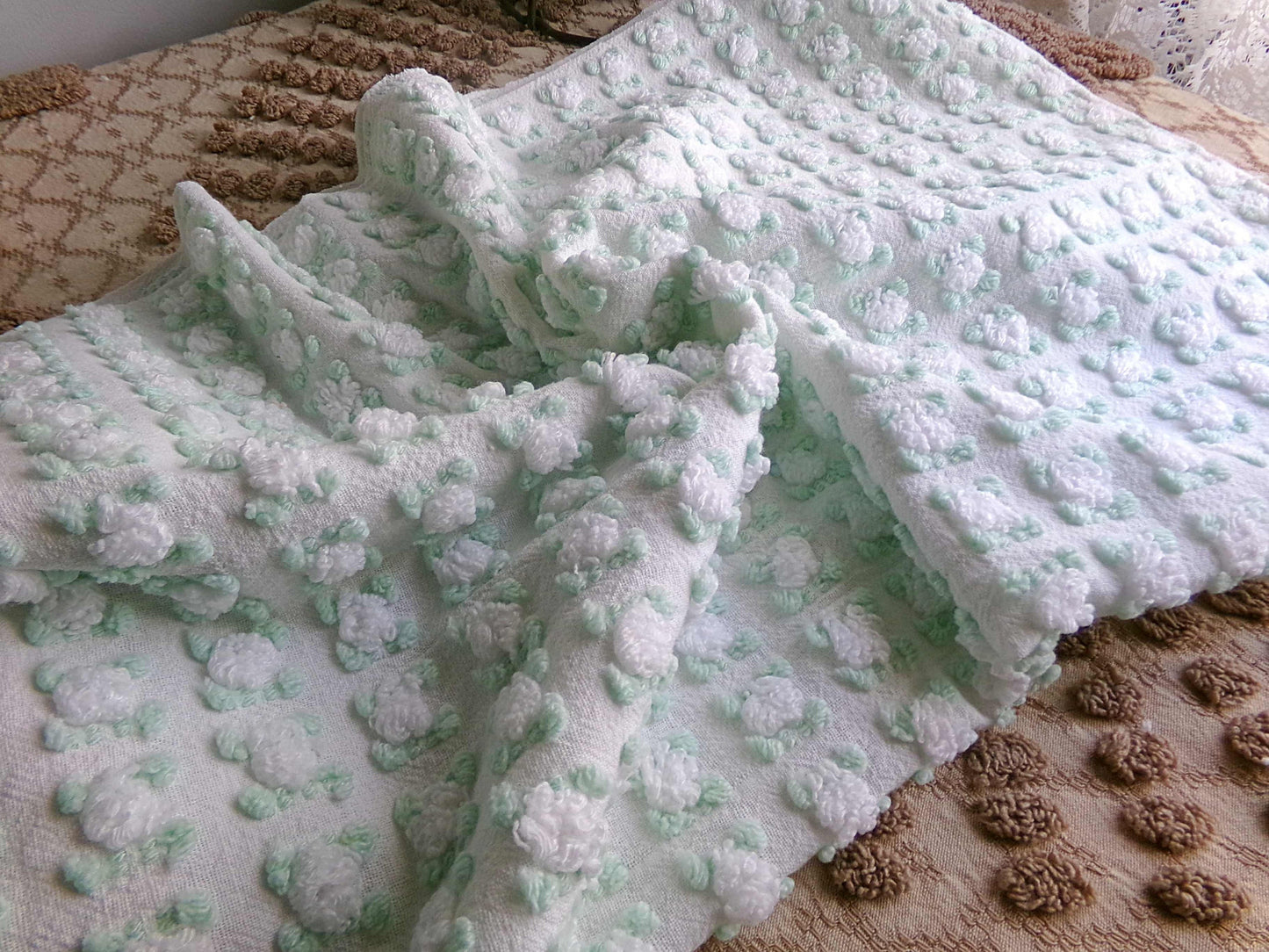 Plump White Rosebuds Vintage Chenille Fabric, 19" x 25" Piece, Beautiful Roses with Mint Green Leaves