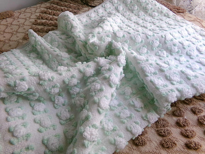 Plump White Rosebuds Vintage Chenille Fabric, 19" x 25" Piece, Beautiful Roses with Mint Green Leaves