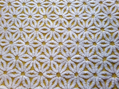 boho style vintage chenille fabric, white daisy on harvest gold, 20" x 24" inch piece of cotton sewing material for quilting & crafts