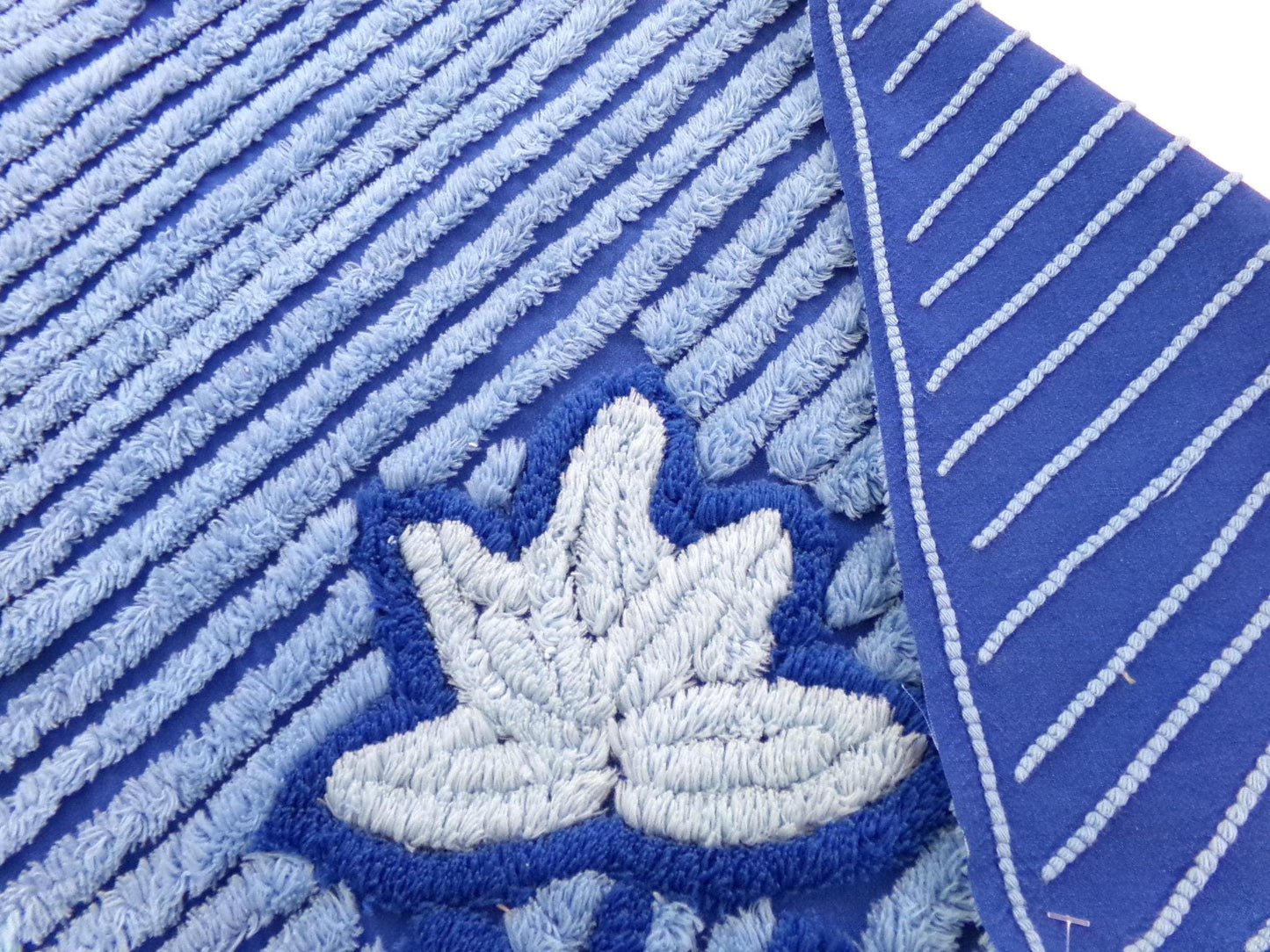 Midnight Blue Plush Vintage Chenille Bedspread Fabric, Water Lily on Diagonal Stripes, 18" x 25" inch Piece, Sewing & Quilt Material