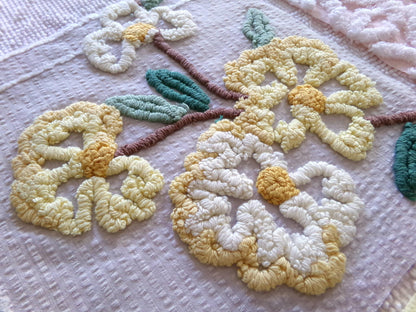 chenille fabric squares, set of 6 big 9.5" square quilt blocks from vintage chenille bedspreads, dainty daisy, pink rosebud, floral, dots