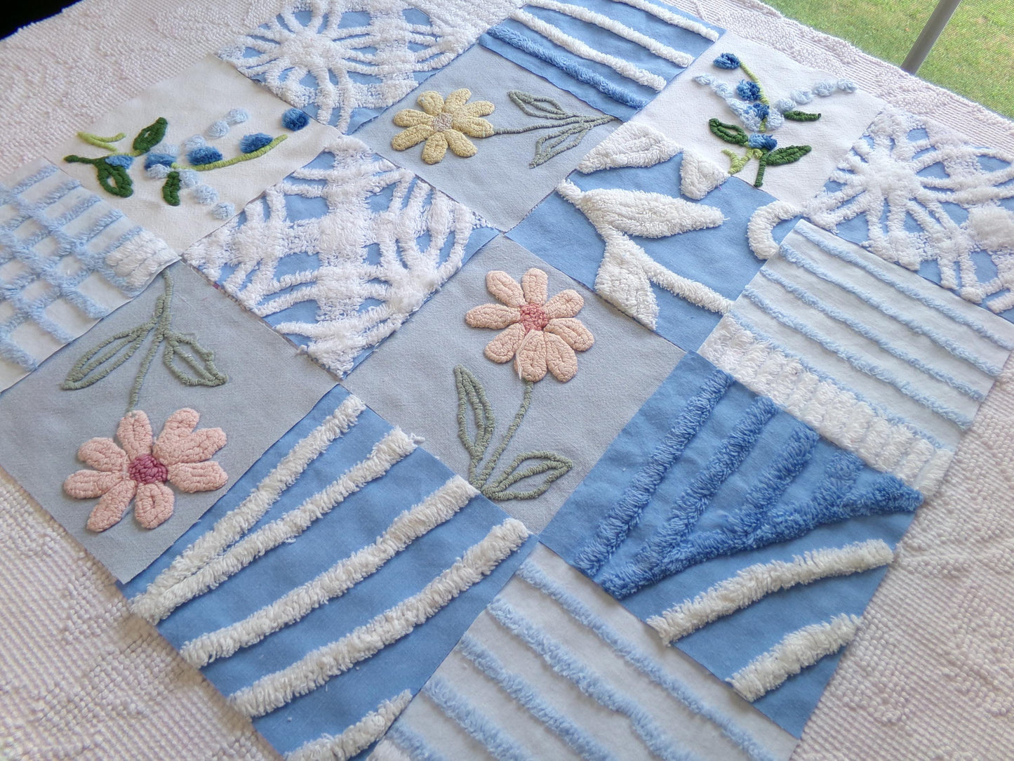 meadow skies vintage chenille fabric squares, set of 16 serene 6" quilt blocks, geometrics, daisy & lupine flowers for crafts, sewing