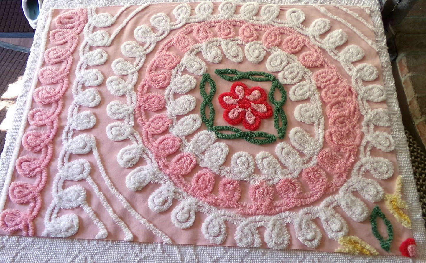 frosted pink cupcake vintage chenille fabric, iced wedding cake design with rose flower, 21" x 30" inch piece of sewing material