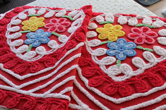 Romantic Red Floral Hearts Vintage Chenille Fabric, 21" x 40" Inch Large Piece, Amazing BOLD Colors
