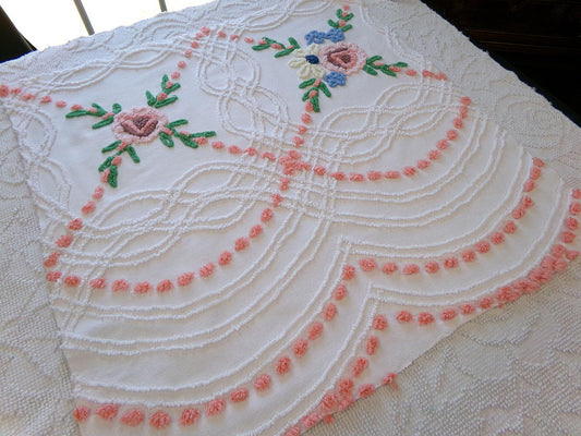 wildflower chenille fabric, vintage floral sewing material on white cotton with peach pops, 23" x 23" piece for handmade quilts & pillows