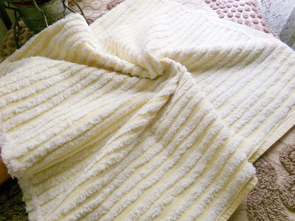 Sunny Yellow Striped Vintage Chenille Quilt Fabric, 18" x 30" inch Piece, White Stripes, 100% Cotton