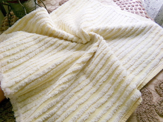 Sunny Yellow Striped Vintage Chenille Quilt Fabric, 18" x 30" inch Piece, White Stripes, 100% Cotton
