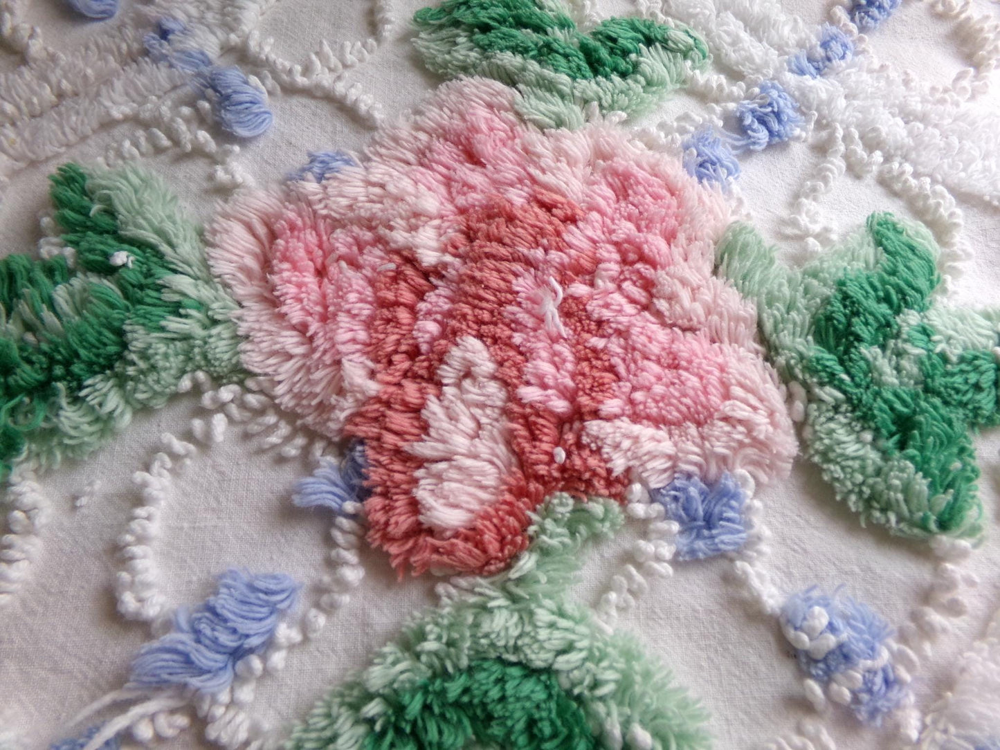 cute plush pink rose fabric piece, vintage tufted chenille cottage style sewing material, 10.5" x 22" inches