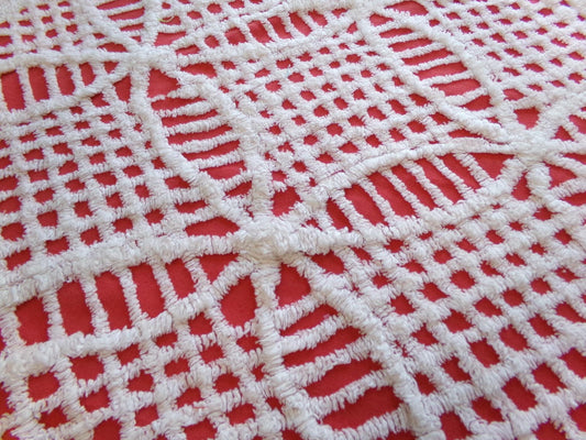 Red & White Geometric Chenille Fabric - Vintage Tufted Textured Cotton Fabric Quilting Crafts - 17" x 24" Piece of Sewing Material