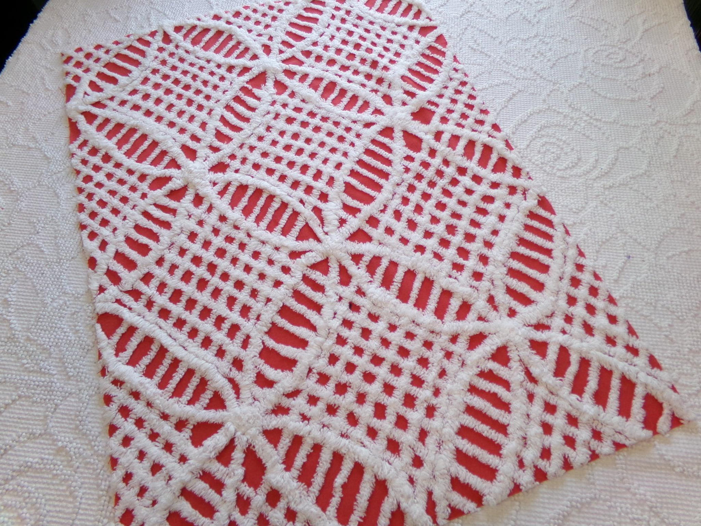 Red & White Geometric Chenille Fabric - Vintage Tufted Textured Cotton Fabric Quilting Crafts - 17" x 24" Piece of Sewing Material
