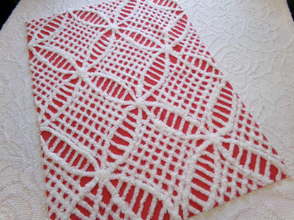 Red & White Geometric Chenille Fabric - Vintage Tufted Textured Cotton Fabric Quilting Crafts - 17" x 24" Piece of Sewing Material