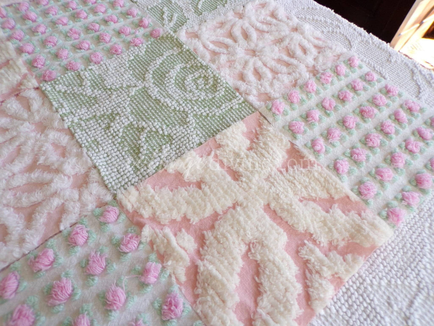pink & green chenille fabric squares, set of 16 vintage quilt blocks 6" each, popular spring daisy, rosebud and hobnail patterns