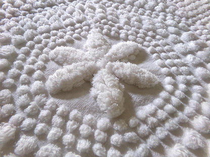 star mist white vintage chenille fabric, coastal 3D radiating starry pop motifs, 21" x 26" cut piece with fringe for pillows handmade quilts