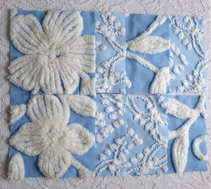 coastal breeze chenille fabric squares, set of 8 vintage 7.5" quilt blocks, blue geometric, white floral for sewing, crafts, quilting