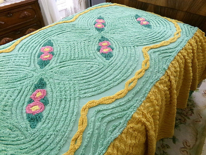Vintage gold & green chenille bedspread, pink roses, attached ruffle skirt, twin sz