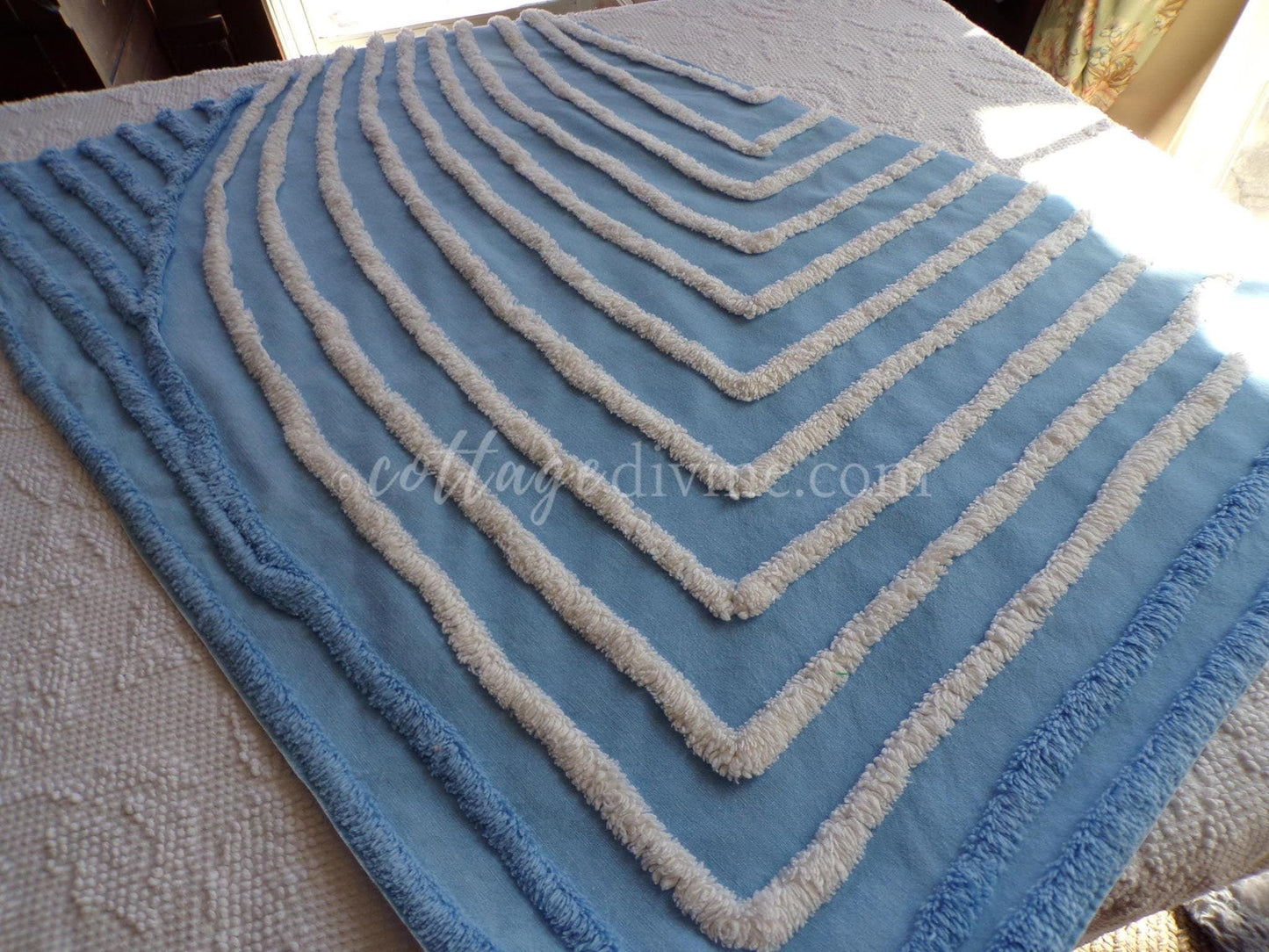 Beach Cottage Blue & White Vintage Chenille Fabric Piece, 19" x 29" inches, Ideal in Quilts and Pillows