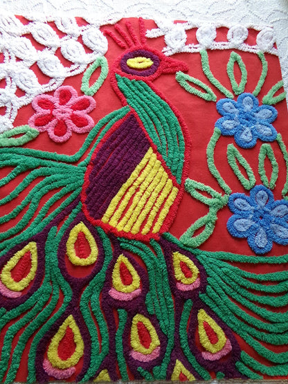 peacock vintage chenille fabric panel in saturated red, exotic material for a wall hanging or pillow, 23" x 24" inch piece