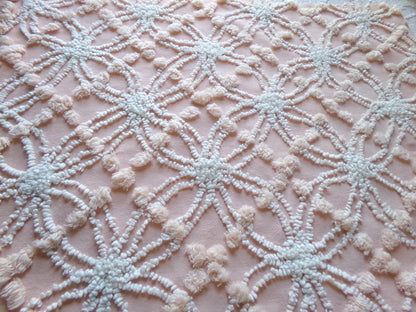 iced peach vintage chenille fabric, needletuft white wedding rings & overtufted pops, 20" x 24" piece sewing material for quilting, crafts