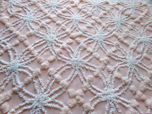 iced peach vintage chenille fabric, needletuft white wedding rings & overtufted pops, 20" x 24" piece sewing material for quilting, crafts