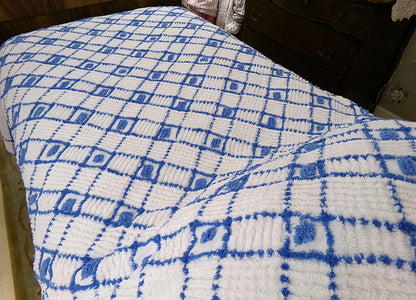 nautical vibes vintage chenille bedspread, blue dots on white cotton with cathedral stripes, full size coastal cottage bedding