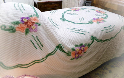 Cottage Getaway Vintage Chenille Bedspread, Green Accents & Colorful Florals on White Cotton, FULL Size Summer Shabby Chic Bedding