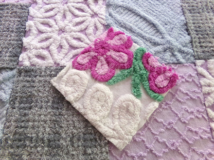 Sweet Dreams Vintage Chenille Fabric Squares, in Grey, Lilac, White & Blue, Set of 17 Blocks, 6" Each for Quilts, Crafts