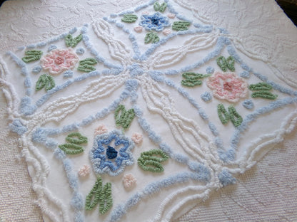 Country Cottage Chic Vintage Chenille Fabric, 20" x 21" Piece of Floral White Cotton Sewing Material, Upcycle into Pillows, Quilts
