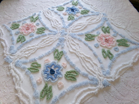 Country Cottage Chic Vintage Chenille Fabric, 20" x 21" Piece of Floral White Cotton Sewing Material, Upcycle into Pillows, Quilts