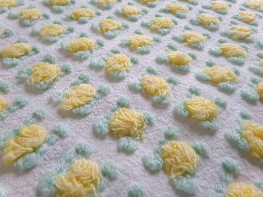 playful yellow rosebud vintage chenille fabric, cheerful lemon rose 18" x 24" inch piece of quilt fabric for sewing & crafts