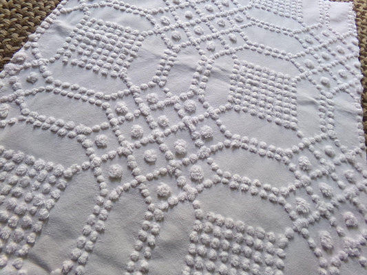 celestial white vintage chenille fabric, vintage geometric piece of cotton sewing material for quilts, pillows, wall hangings, 23" x 28"