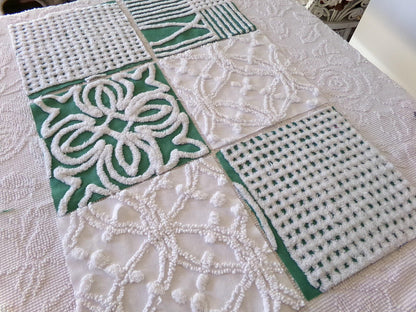 green & white chenille fabric squares, set of 6 large 9.5" square craft and quilt blocks, cut from vintage chenille bedspreads