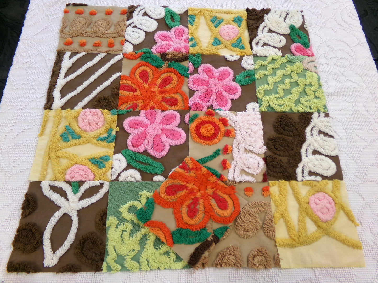 flower power vintage chenille fabric squares, set of 16 boho 70s style 6" blocks for arts & crafts, sewing