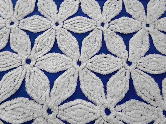 vintage chenille fabric, big beautiful white daisies on dramatic cobalt blue, 20" x 24"' inch piece, plush abstract coastal floral pattern