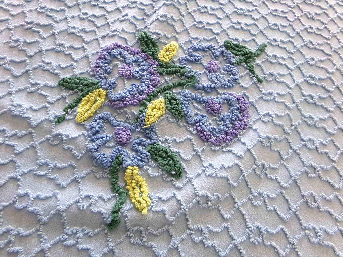 Evening Blue Floral Vintage Chenille Fabric in Chain Link Design with Tufted Flowers, 27" x 18" inch Piece, 100% Lightweight Cotton Material
