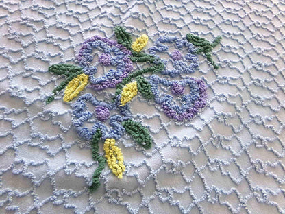 Evening Blue Floral Vintage Chenille Fabric in Chain Link Design with Tufted Flowers, 27" x 18" inch Piece, 100% Lightweight Cotton Material