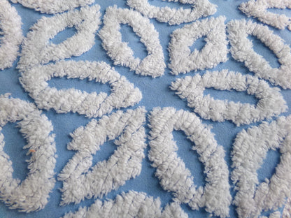 beach blue & white daisy vintage chenille fabric, classic geometric daisies, 18" x 24" piece of texturized cotton sewing material