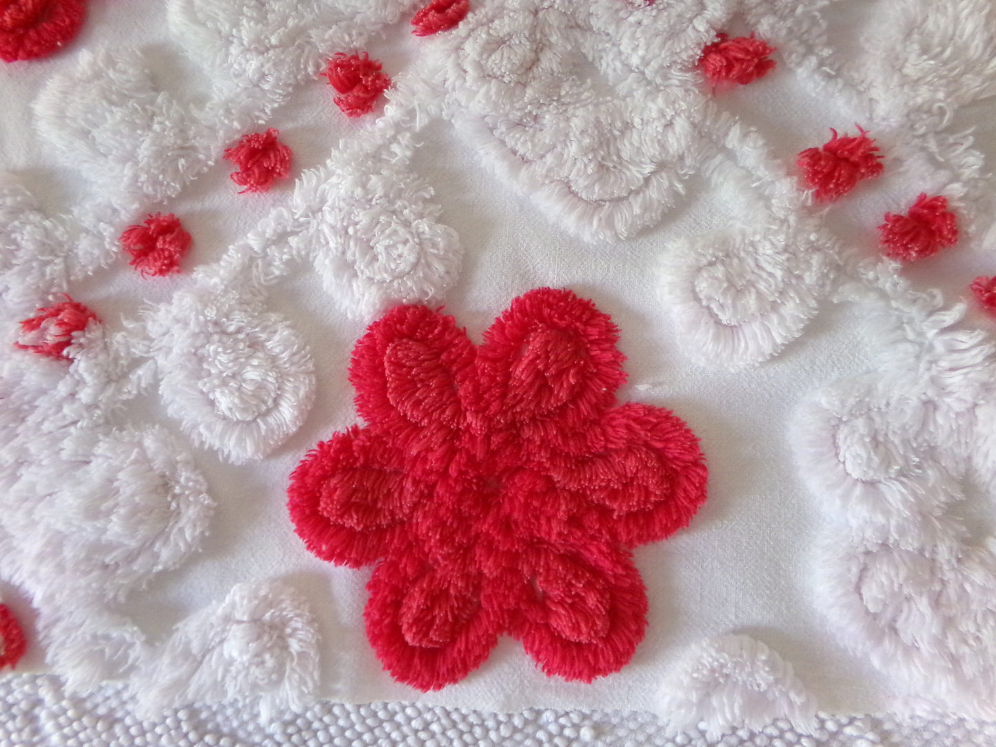 red roses in snow white vintage chenille fabric, 21" x 23" inch piece of shabby style sewing material for quilts & crafts