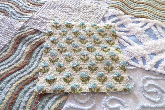 Breezy Blues Fabric Squares from Vintage Chenille Bedspread Fabrics, 17 Blocks Set, 6" x 6" inch, for Slow Stitching, Junk Journals, Quilt