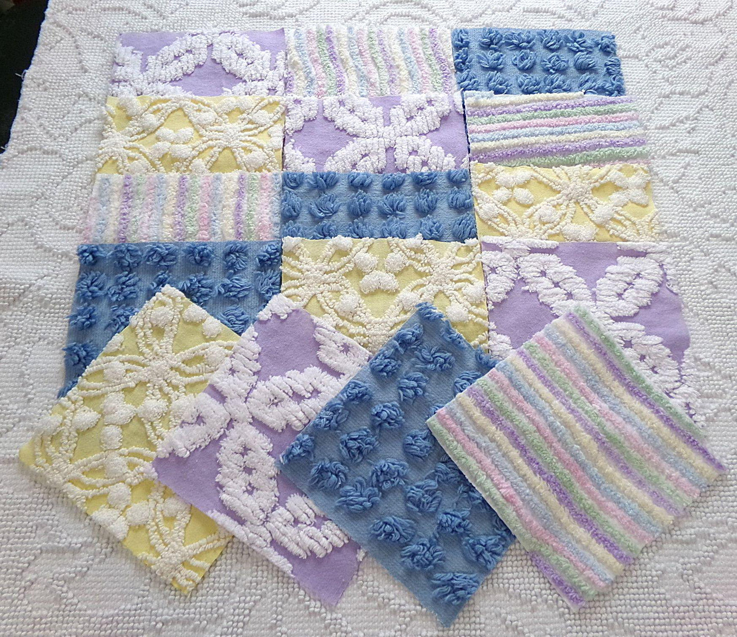 over the rainbow chenille fabric squares, set of 16 vintage quilt blocks 6" inches ea, dreamy serene blue, sunny yellow, soft lilac