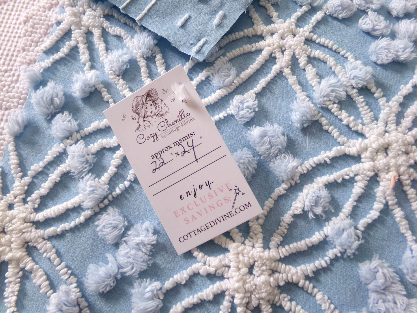 cottage coastal chic fabric, 22" x 24" inch piece cut from vintage chenille bedspread, needletuft white wedding rings with overtufted pops