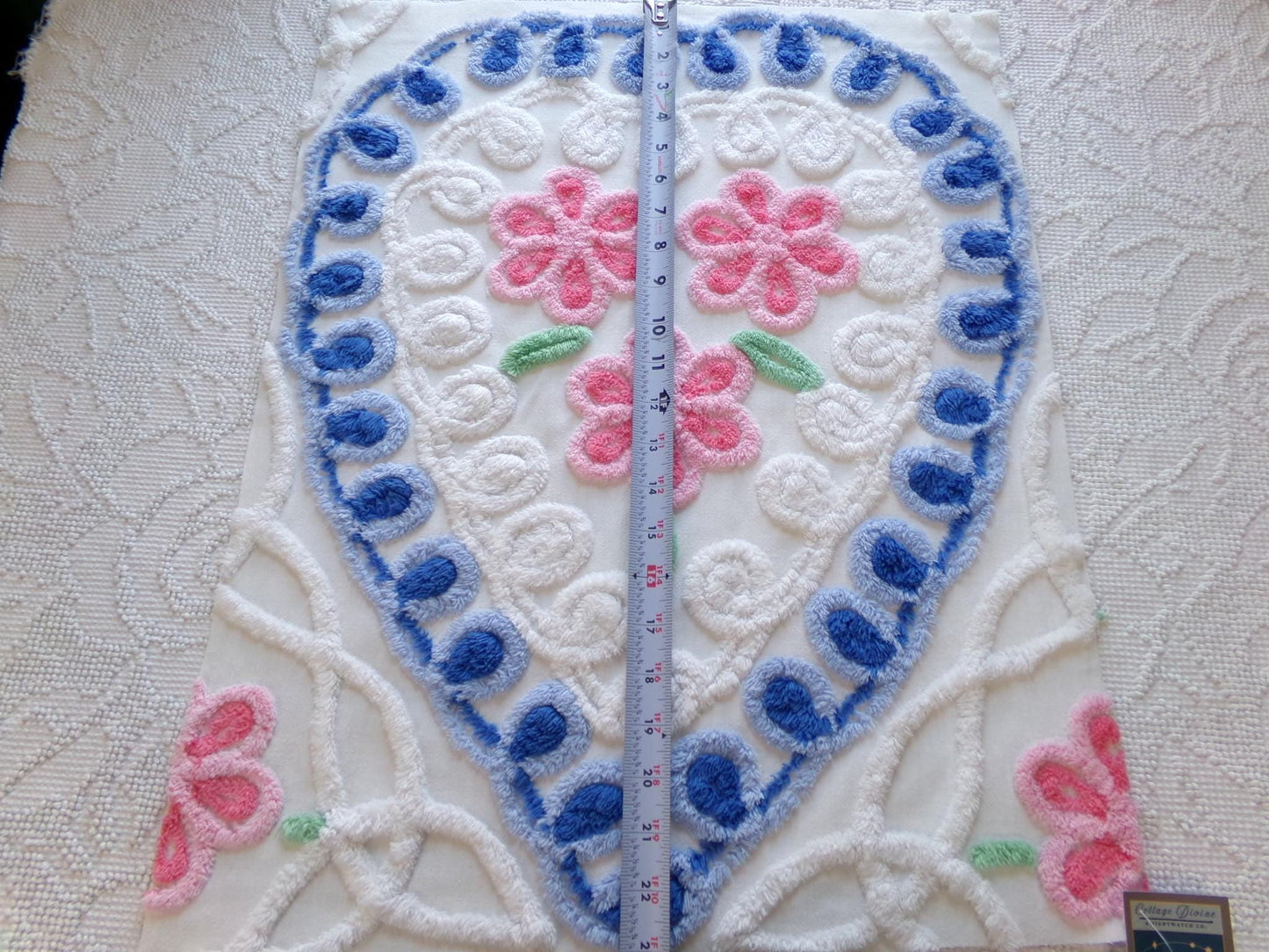 shabby pink & blue vintage chenille heart fabric, trio of roses with curlicue swirls, 18" x 22" piece of sewing material great for pillow